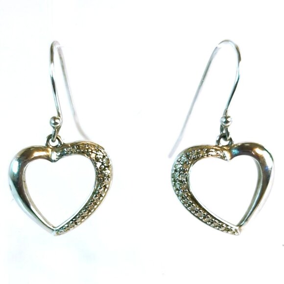 DL Sterling 925 Heart-Shaped Dangle Earrings With CZ Accent - Picture 2 of 4